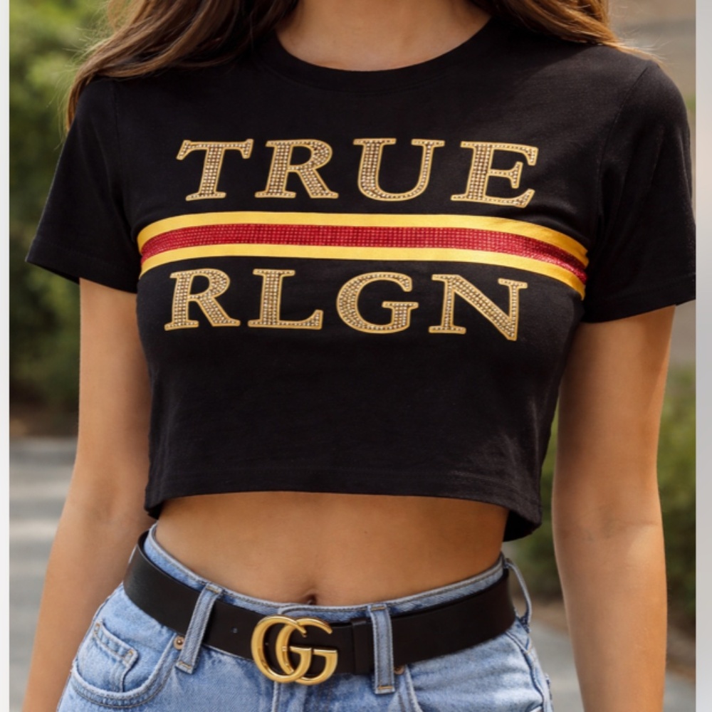 True Religion World Tour Fitted Baby Tee Black Rhinestone Logo size  XXS
